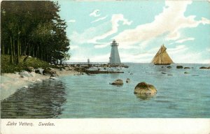 Early Postcard; Lake Vettern, Sweden showing Lighthouse & Sailboat, unposted