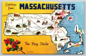 State Maps~Massachusetts~Capital Boston~Cape Cod~Golf~Fishing~Vintage Postcard