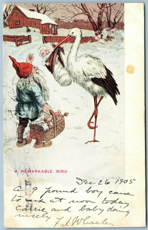 NEWBORN BABY w/ STORK & DWARF ANTIQUE POSTCARD 