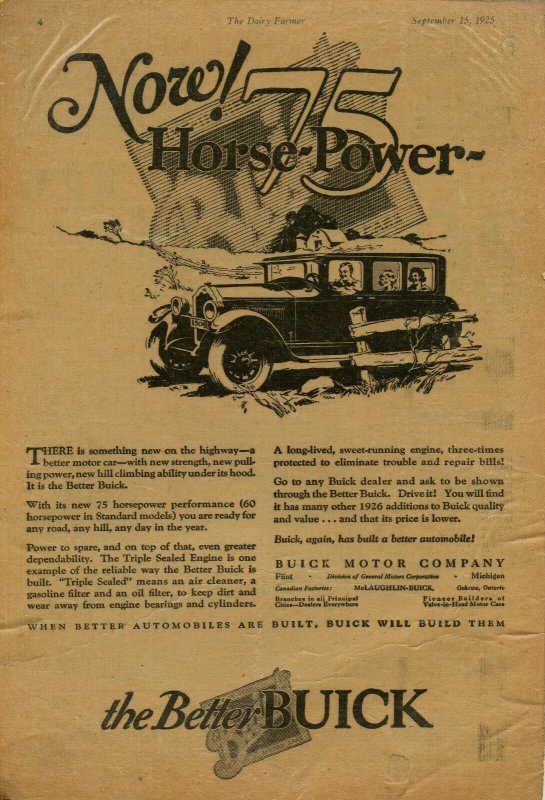 Now! 75 Horsepower The Better BUICK September 15, 1925 Laminated Advertisement 