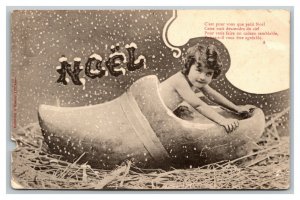 Vintage 1910's Photo French Christmas Postcard Cute Girl in Giant Wooden Shoe