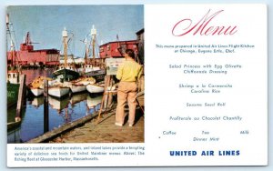 UNITED AIRLINES MENU Advertising GLOUCESTER HARBOR MA Chef Eugene Ertle Postcard