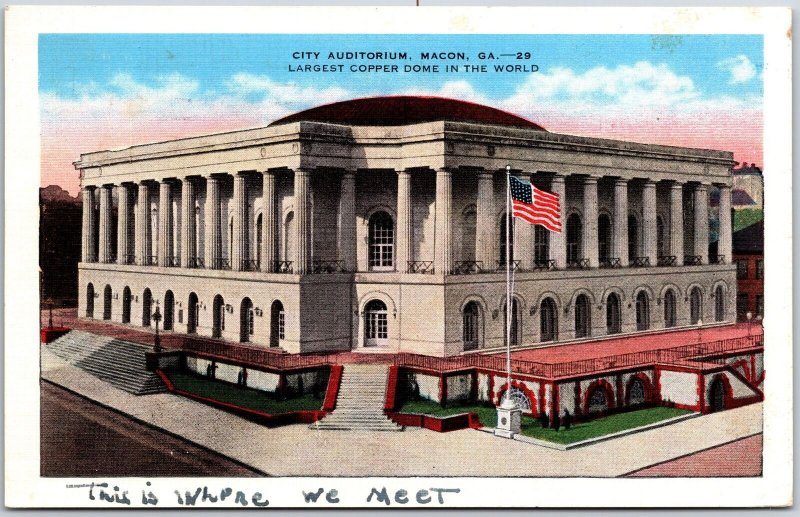 1941 City Auditorium Macon Georgia GA Largest Copper Dome Posted Postcard