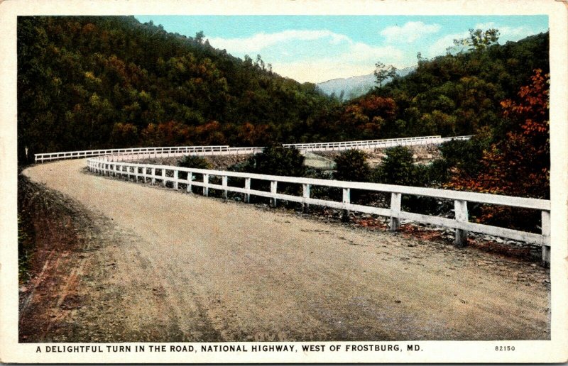 Frostburg MD Postcard -National Highway Turn in the Road - Vintage White Border