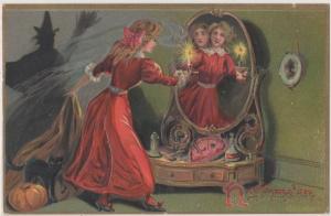 HALLOWEEN POST CARD OF LADY WHO SEES HER LOVE IN THE MIRROR, SHADOW WITCH