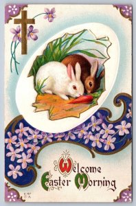 Welcome Easter Morning, Rabbits And A Carrot, Antique Embossed Nash Postcard