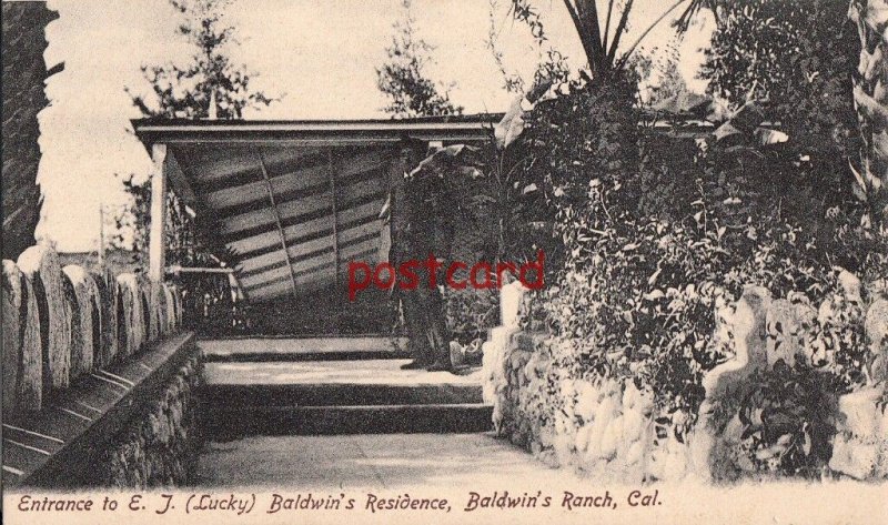 c1907? BALDWIN'S RANCH CA Entrance to ET (Lucky) Baldwin's Residence, man posing