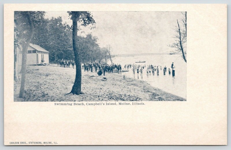 Moline Illinois~Campbell's Island~Crowded Swimming Beach~Bath House~c1905 B&W PC 