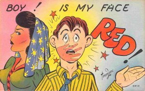 Boy Is My Face Red Woman Slaps Man Comic Humor linen postcard