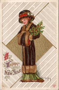 New Year Beautiful Woman Large Hat Muff Coat Holly A/S Harper  Postcard Y20
