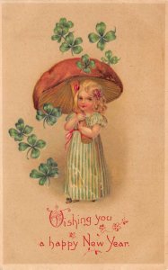 New Year Greetings Girl with Mushroom Umbrella Vintage Postcard AA84041