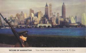 Skyline of Manhattan NY NYC New York Governor's Island View Vintage Postcard