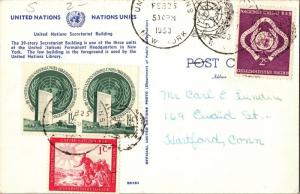 United Nations Secretariat Building NY with UN Stamps Affixed c1953 Postcard M11 