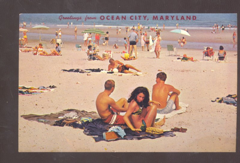 GREETINGS FROM OCEAN CITY MARYLAND SWIMMING BEACH SWIMSUIT VINTAGE POSTCARD