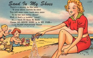 Vintage Postcard Sands on Shoes Pretty Lady and Two Kids at the Beach Comic