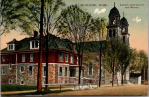 Postcard Sacred Heart Church and Rectory in Hudson, Michigan