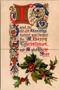 Vtg 1910s Happy Christmas New Year Poem Art Nouveau Holly Mica Embossed Postcard