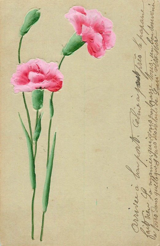 Embossed flowers fantasy greetings pink carnation France 1905