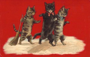 Early German Color Printing, Three Kittens Sweeping the Walk, Old Postcard