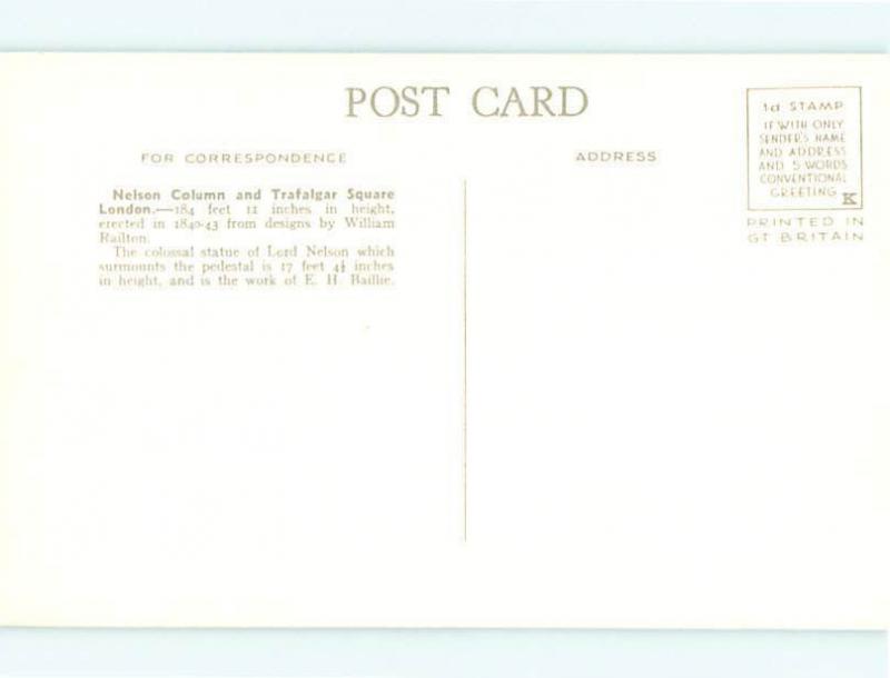 Britain London Nelsons Column Trafalgar Square England  Postcard # 6392