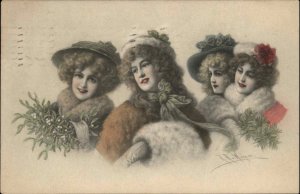 Christmas Beautiful Women Fur Muffs WICHERA MM Vienne Munk c1910 Postcard