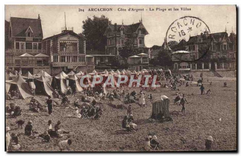 Old Postcard Arcachon Cote D & # 39Argent The Beach And Villas