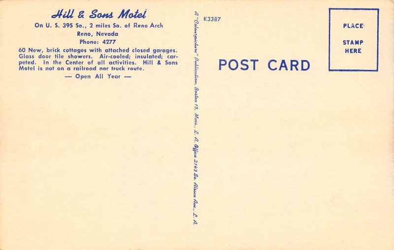 Hill & Sons US 395 Reno Nevada linen postcard