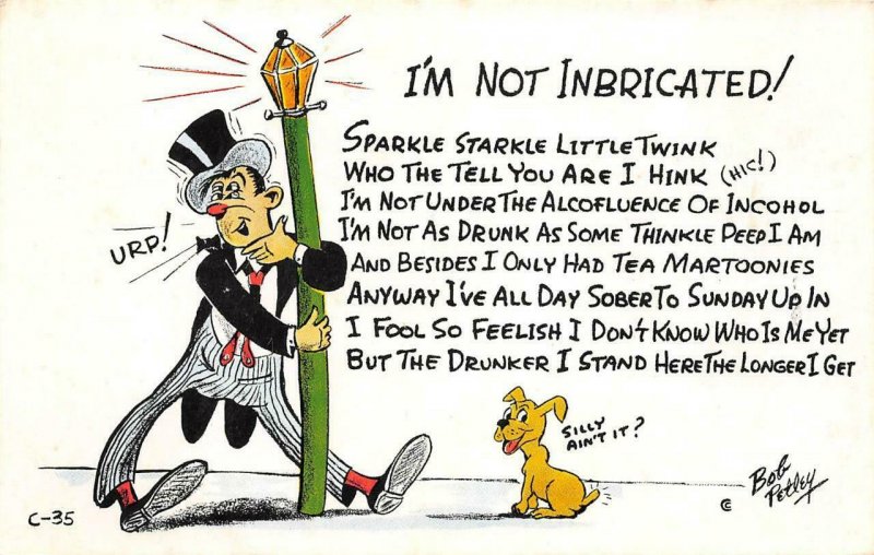 I'm Not Inbricated! Drunk Drinking Comic Bob Petley c1950s Vintage Postcard