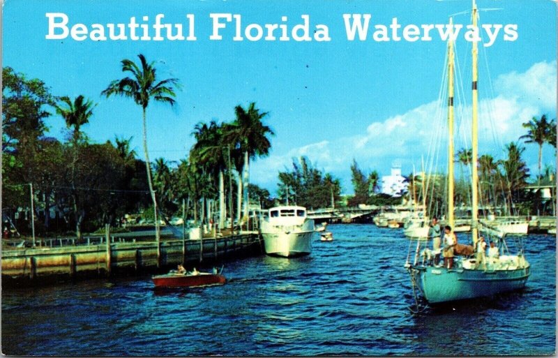 Beautiful Florida Waterway Boats Scenic Tropical Palm Trees Chrome Postcard 