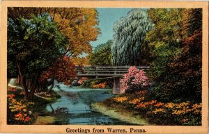 Scenic, Greetings from Warren PA Linen Vintage Postcard L33