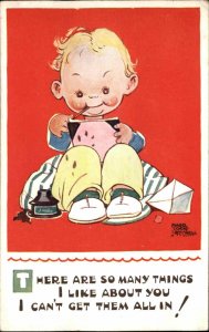 Mabel Lucie Attwell - Little Boy Writing Letter Messy Inkwell Postcard 