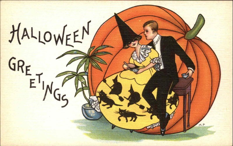 Halloween Man Pretty Woman Dance MP Stecher 419A Postcard EXC COND bnhs