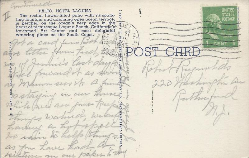 Patio, Hotel Laguna, Laguna Beach, California, early linen postcard, Used