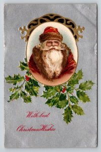 Antique Christmas Postcard Santa Claus Portrait Holly Embossed Silver Gilt 1910