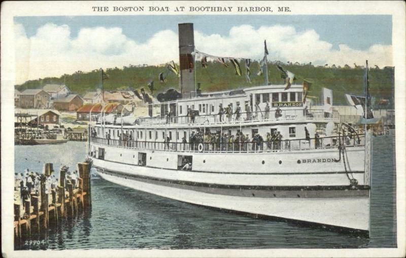 Boothbay Harbor ME Boston Steamer Boat Brandon c1920 Postcard