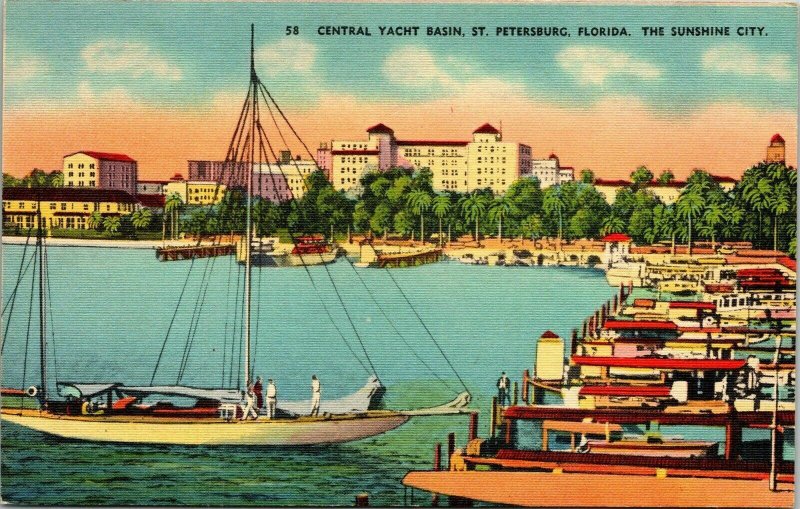 Central Yacht Basin St Petersburg FL Florida Sunshine City Sunset Linen Postcard 