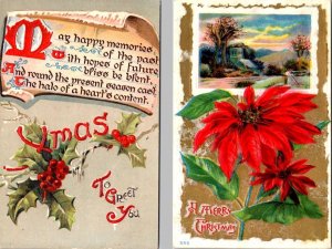 2~ca1910's Holiday Postcards  CHRISTMAS GREETINGS Holly~Poinsettia EMBOSSED