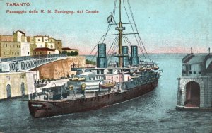 Postcard Italian Royal Navy Battleship Sardinia in Canal Taranto