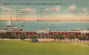 Vintage Postcard 1942 Barracks B w/ View Of Harbor US Naval Training Sta NewPort