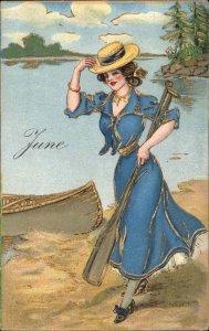 Beautiful Woman Canoe Oars Illustrated Months June c1910 Postcard