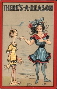 Bathing Beauty Laughs at Skinny Man There's a Reason Comic c1910 Postcard