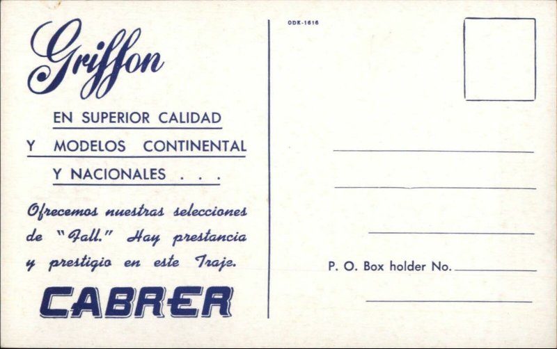 Men's Clothing Fashion Suit - Puerto Rico - Girffon Cabrea c1950s Postcard