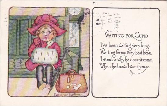 Valentine's Day Young Girl Waiting For Cupid 1917 Signed Evelyn von Hartmann