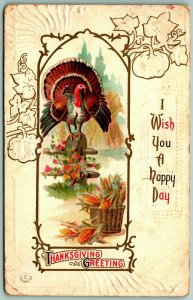 Thanksgiving Greetings Turkey Bushel of Corn Embossed DB Postcard H4