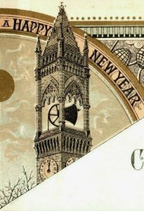 1870's-80's Engraved New Year's Card Art Nouveau Motif Tower Bell Ringing P161