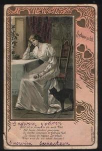 3101343 BELLE Sad Lady w/ BLACK CAT in ART NOUVEAU Vintage PC