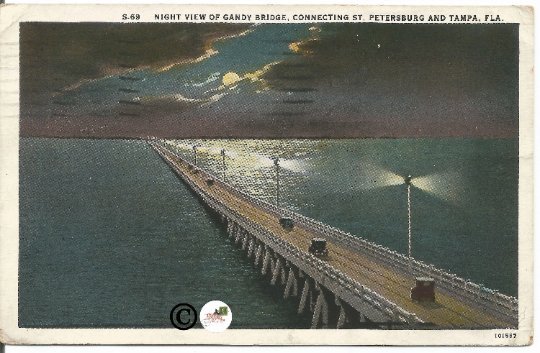 Vintage Night Scene Gandy Bridge Connecting Saint Petersburg & Tampa Florida