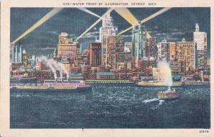 UNITED STATES DETROIT MICHIGAN WATER FRONT BY ILLUMINATION LINEN POSTCARD