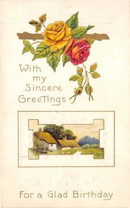Sincere Birthday Greetings c1910 Embossed Postcard Roses Farmhouse