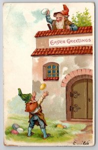 Easter Greetings Silly Gnomes Tossing Colored Eggs Postcard P21